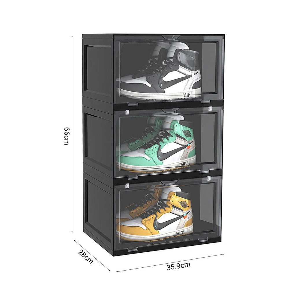 SOGA 3 Tier Black Portable Shoe Organiser Sneaker Footwear Folding Plastic Bin Stackable Storage Box with Magnetic Door