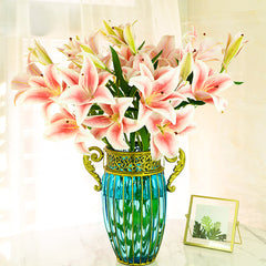 SOGA Blue European Colored Glass Home Decor Jar Flower Vase with Two Metal Handle