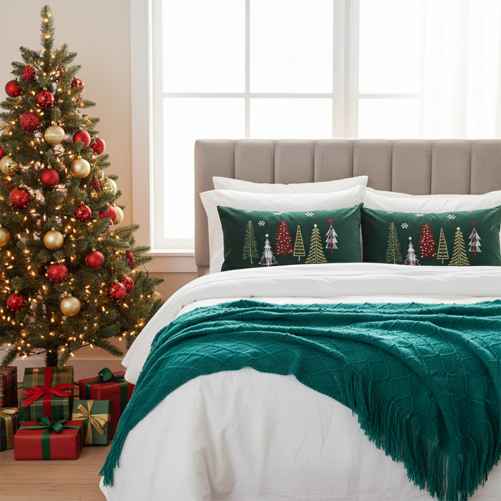 SOGA Christmas Bundle – 2 Dark Green Christmas Forest Lumbar Pillow & Teal Knitted Throw Blanket $ 162