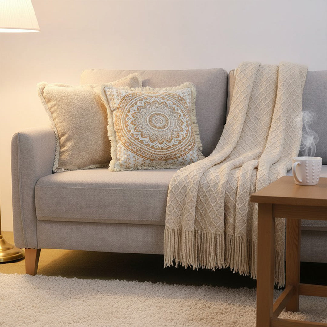 SOGA Home & Living Bundle – Chenille Tassel Pillow, Moon Cotton Pillow & Knitted Blanket