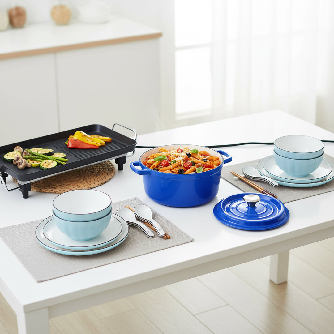 SOGA Kitchenware Bundle – Electric BBQ Teppanyaki Grill, Blue Ceramic Dinnerware & Cast Iron Stewpot