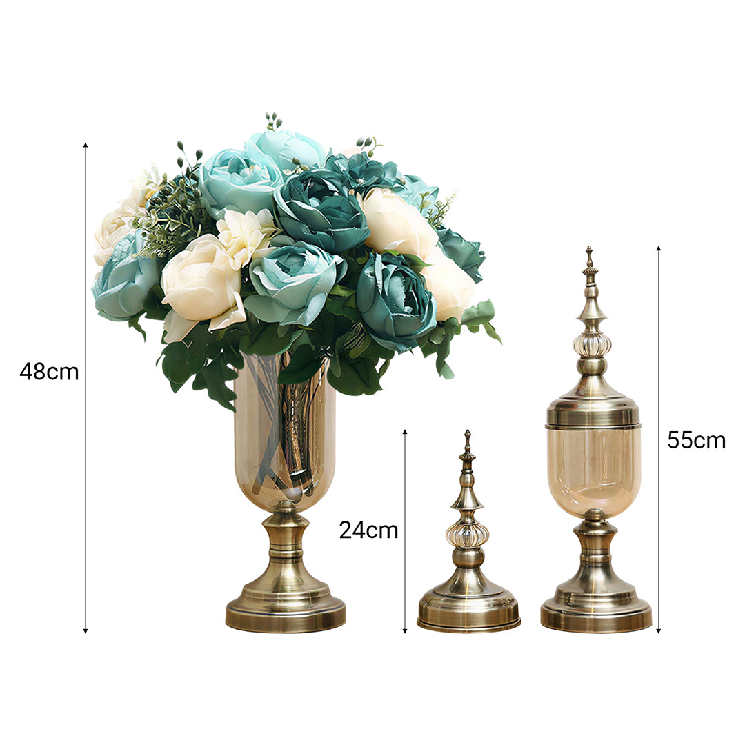 SOGA 2 x Clear Glass Flower Vase with Lid and Blue Flower Filler Vase Bronze Set