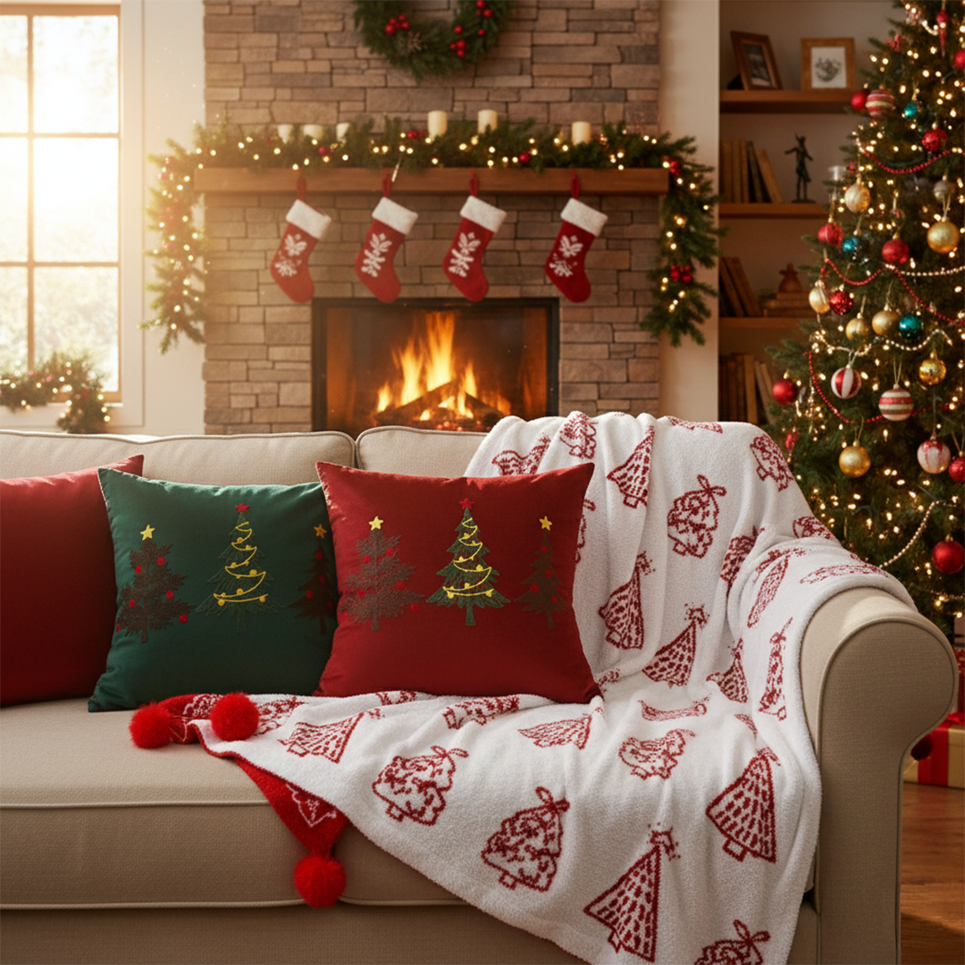 SOGA Christmas Bundle – Green & Burgundy Embroidered Tree Pillows & Red Holiday Throw Blanket $ 206
