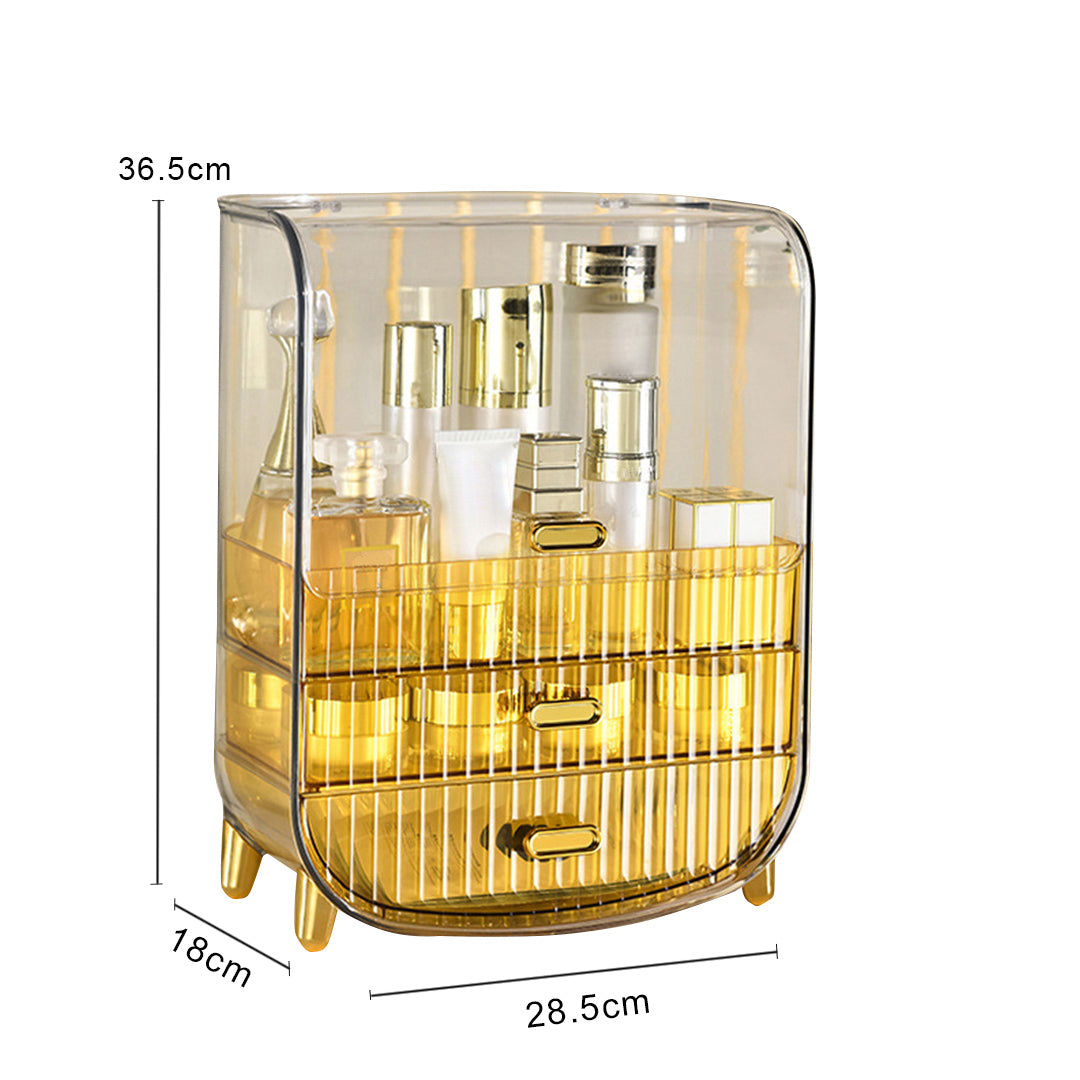 SOGA 3 Tier Golden Yellow Multifunctional Countertop Cosmetic Storage Makeup Perfume Skincare Display Stand Shelf Drawer Type Organiser