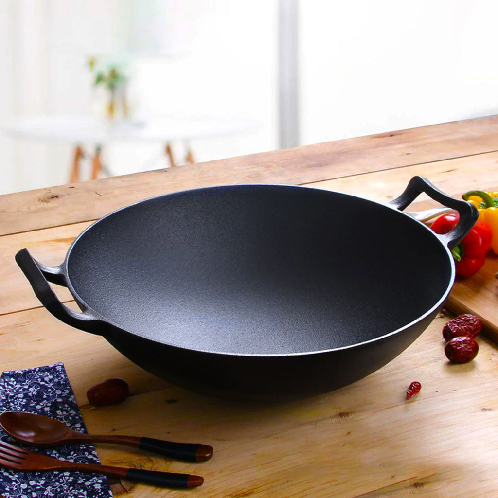 SOGA 2X 32cm Commercial Cast Iron Wok FryPan with Wooden Lid Fry Pan