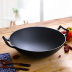 SOGA 2X 32cm Commercial Cast Iron Wok FryPan with Wooden Lid Fry Pan