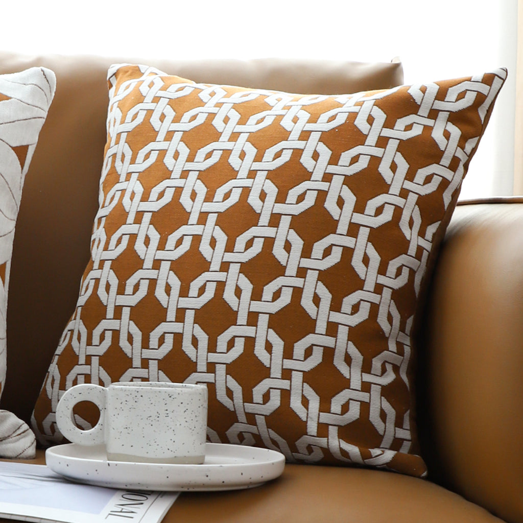 SOGA 50cm Brown Checkered Chain Jacquard Square Pillow Decorative Cushion for Home Decor