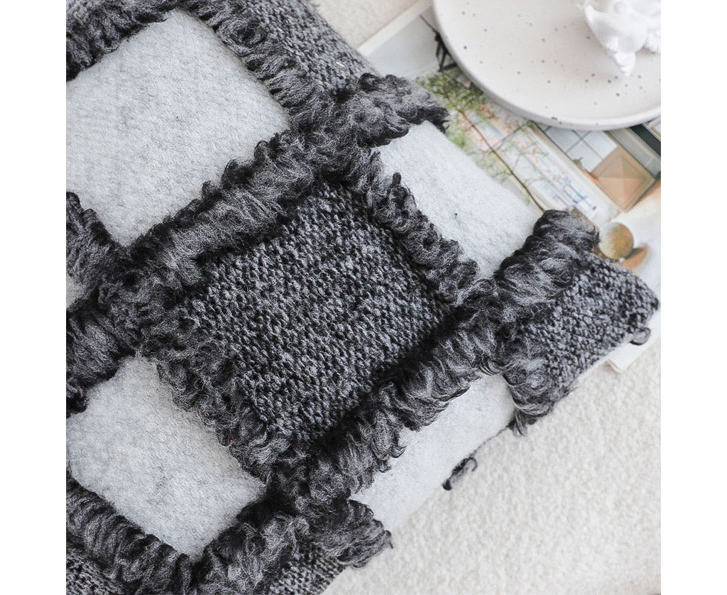 SOGA 50cm Bohemian Gray Fringe Checkerboard Textured Throw Pillow