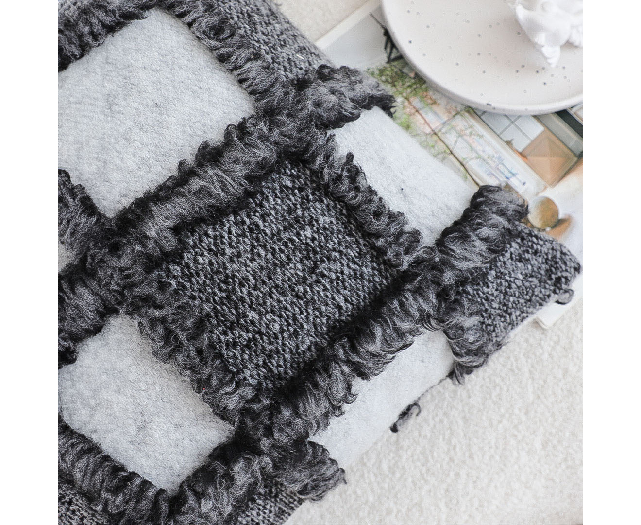 SOGA 50cm Bohemian Gray Fringe Checkerboard Textured Throw Pillow