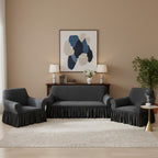 SOGA Home & Living Bundle – 2 Dark Grey 1-Seater & 3-Seater Sofa Covers with Ruffled Skirt
