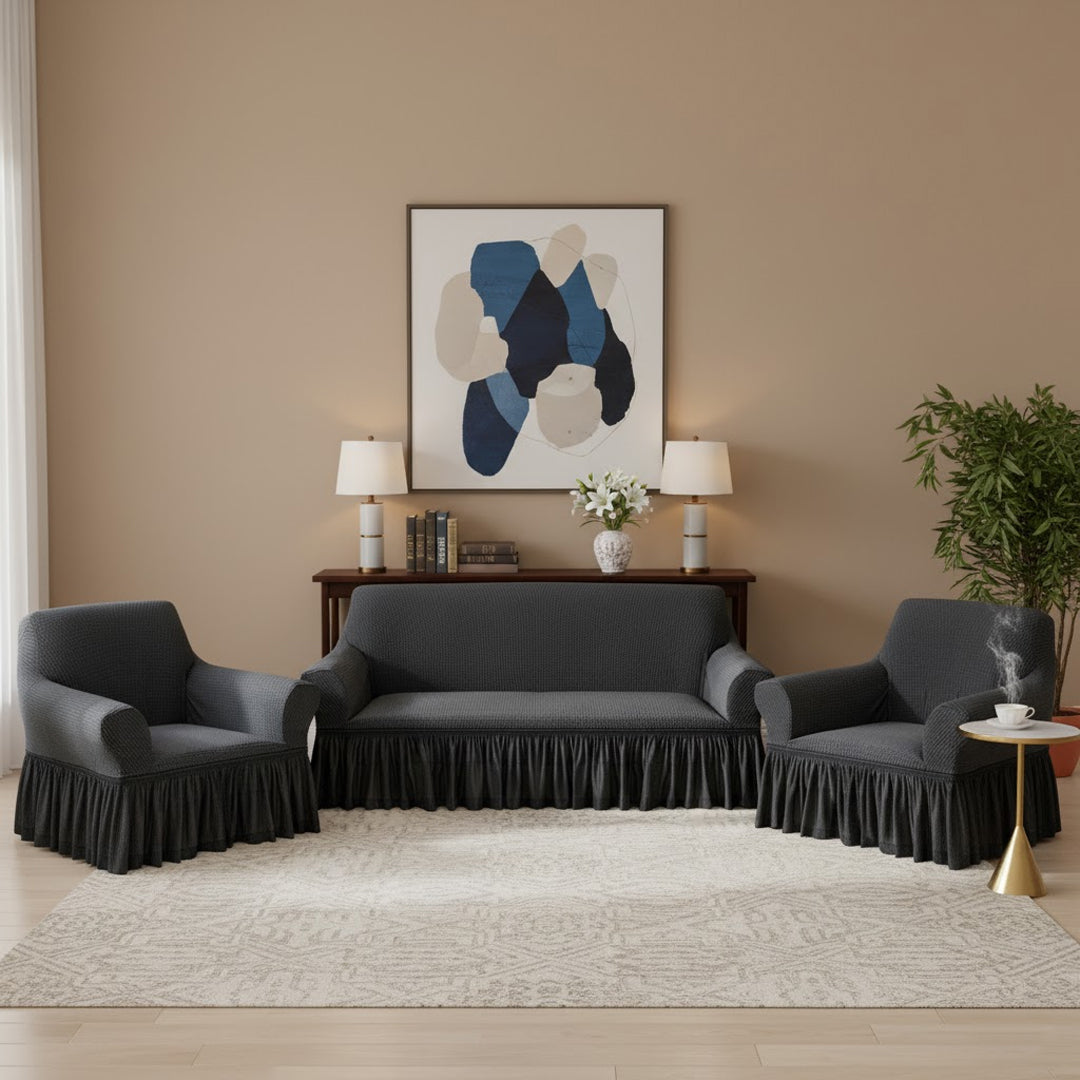 SOGA Home & Living Bundle – 2 Dark Grey 1-Seater & 3-Seater Sofa Covers with Ruffled Skirt
