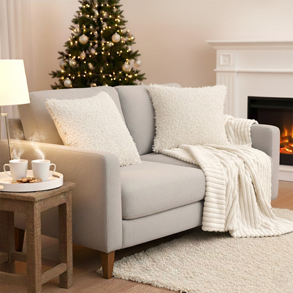 SOGA Home & Living Bundle – 2 White Rabbit Fur Pillow & Pearl White Velvet Throw Blanket