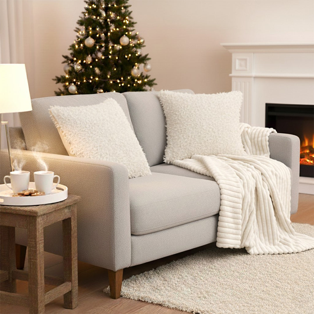 SOGA Home & Living Bundle – 2 White Rabbit Fur Pillow & Pearl White Velvet Throw Blanket