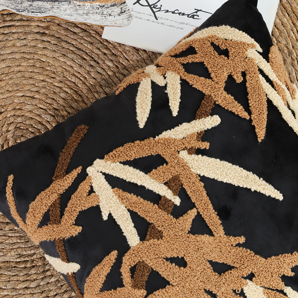 SOGA 45cm Black Brown Bamboo Leaf Botanical Embroidered Throw Pillow