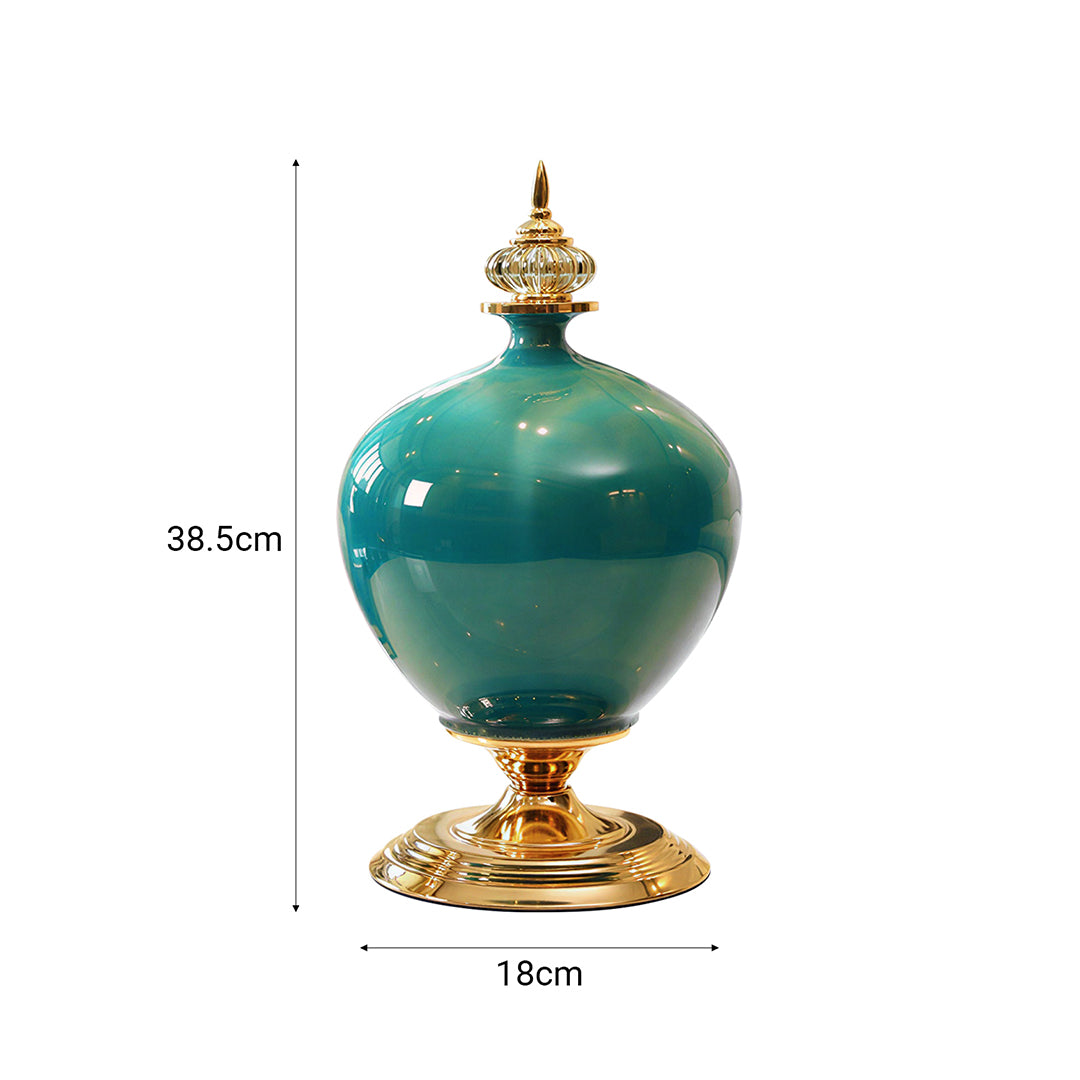 SOGA 2x 38cm Ceramic Oval Flower Vase with Gold Metal Base Green