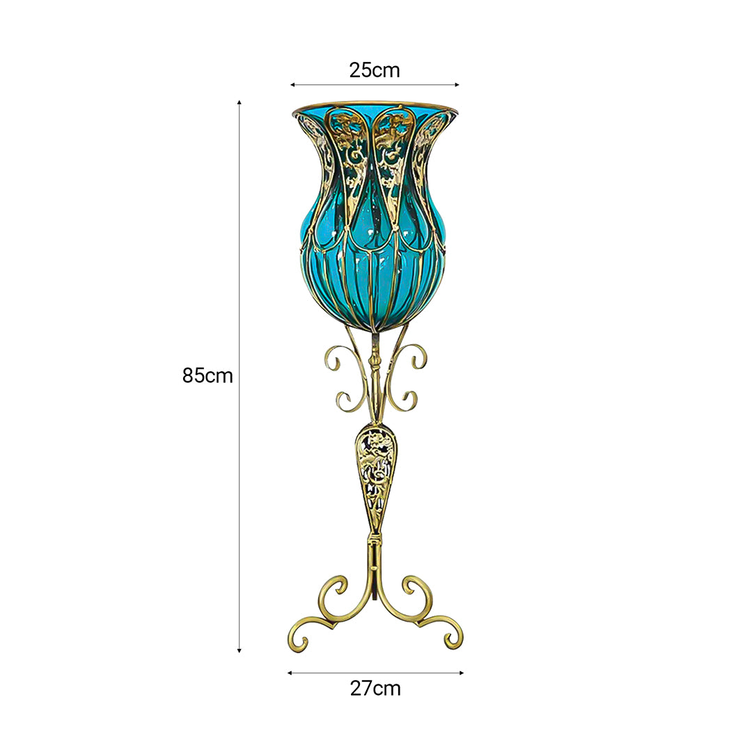 SOGA 85cm Blue Glass Tall Floor Vase and 12pcs Pink Artificial Fake Flower Set