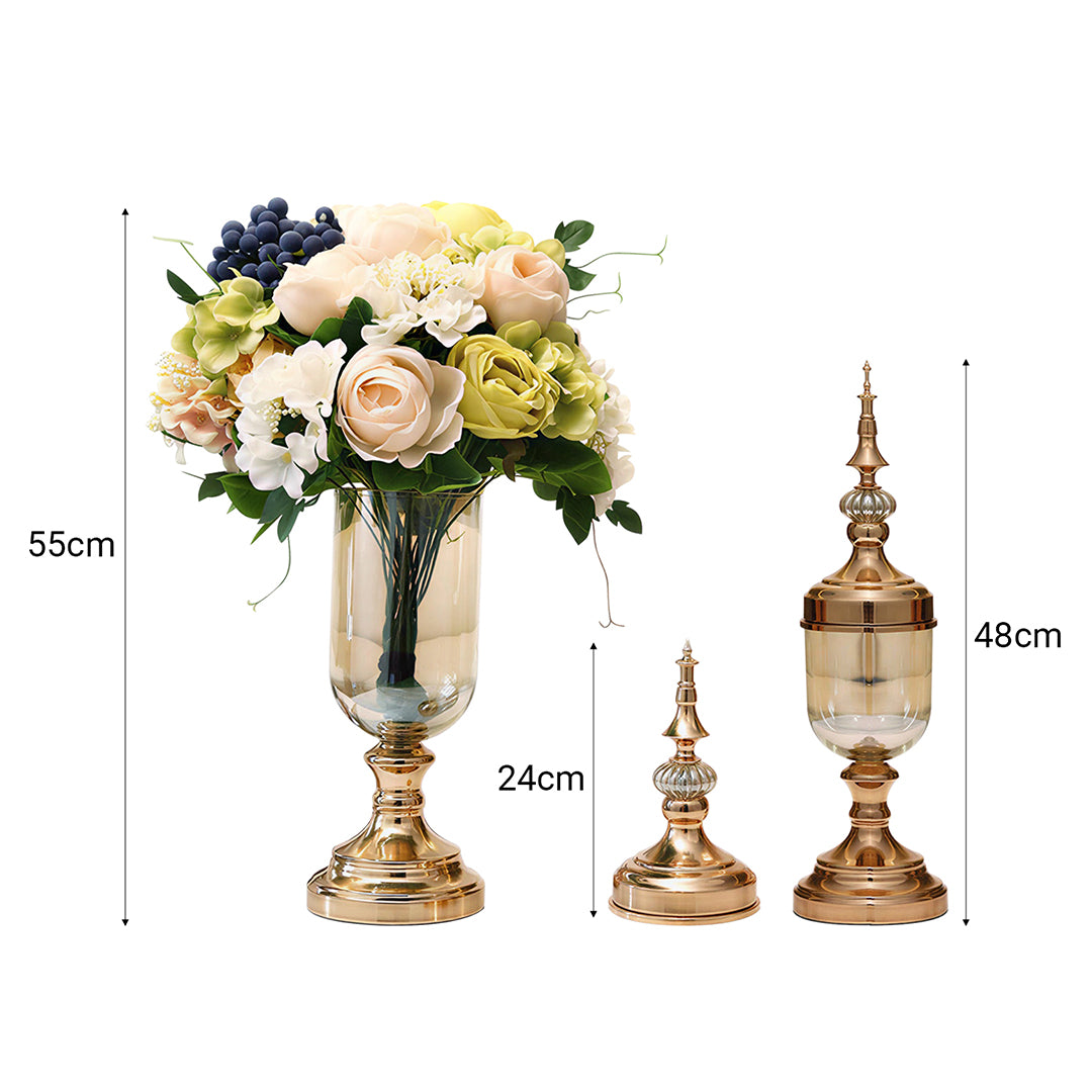 SOGA 2 x Clear Glass Flower Vase with Lid and White Flower Filler Vase Gold Set