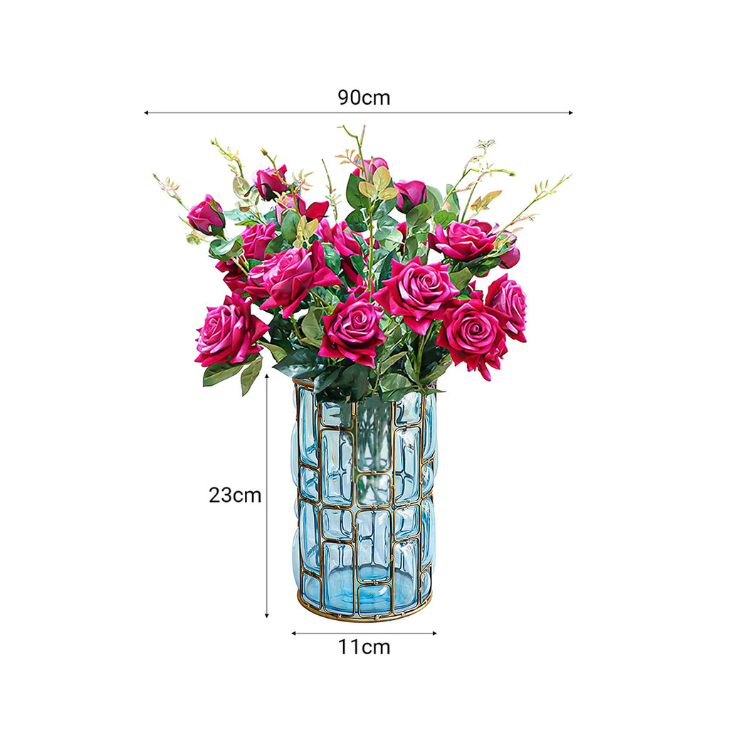 SOGA Blue Glass Cylinder Flower Vase with 8 Bunch 5 Heads Artificial Fake Silk Rose Home Decor Set