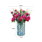 SOGA Blue Glass Cylinder Flower Vase with 8 Bunch 5 Heads Artificial Fake Silk Rose Home Decor Set