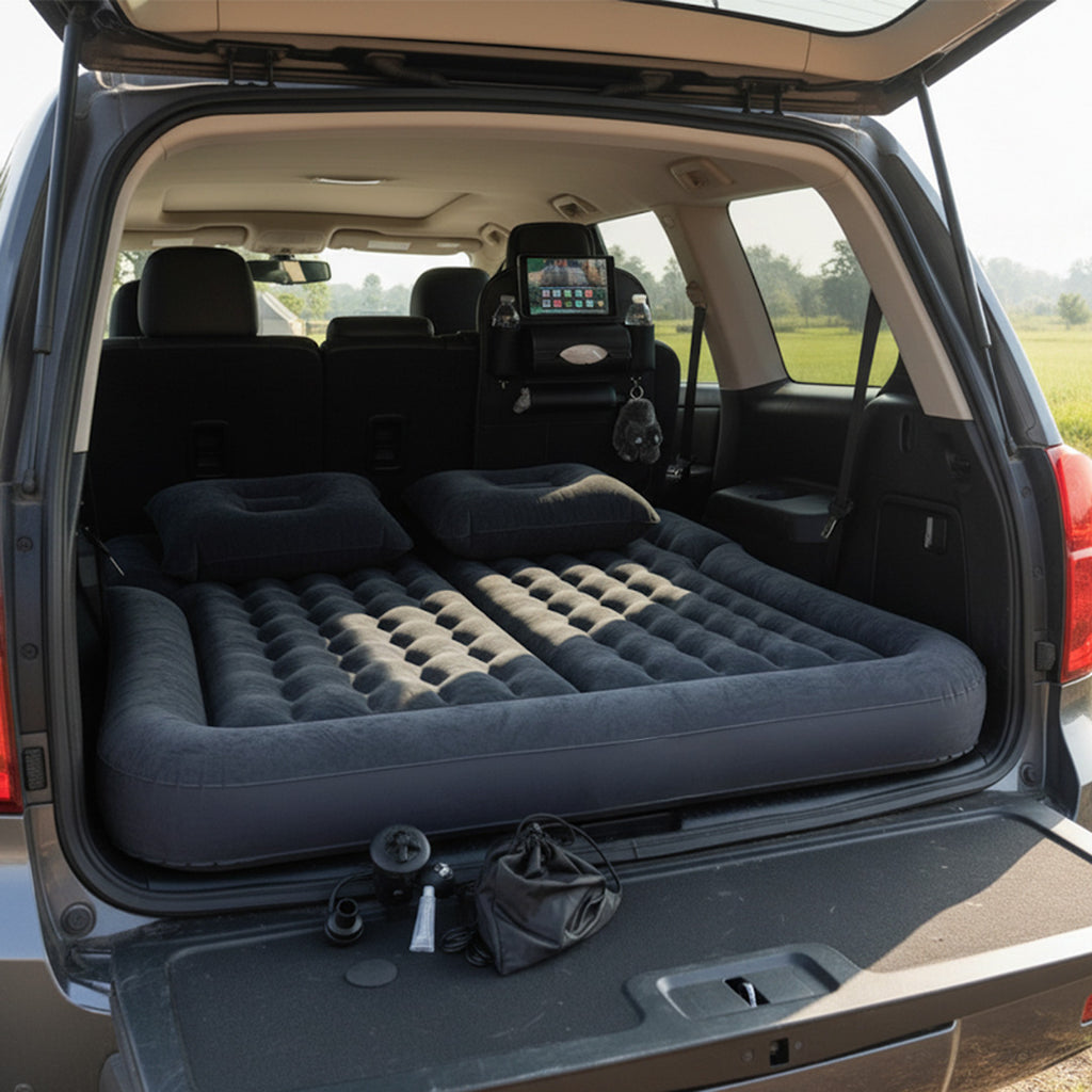 SOGA Car Bundle C – Black Leather Back Seat Storage Organizer & Inflatable Boot Mattress