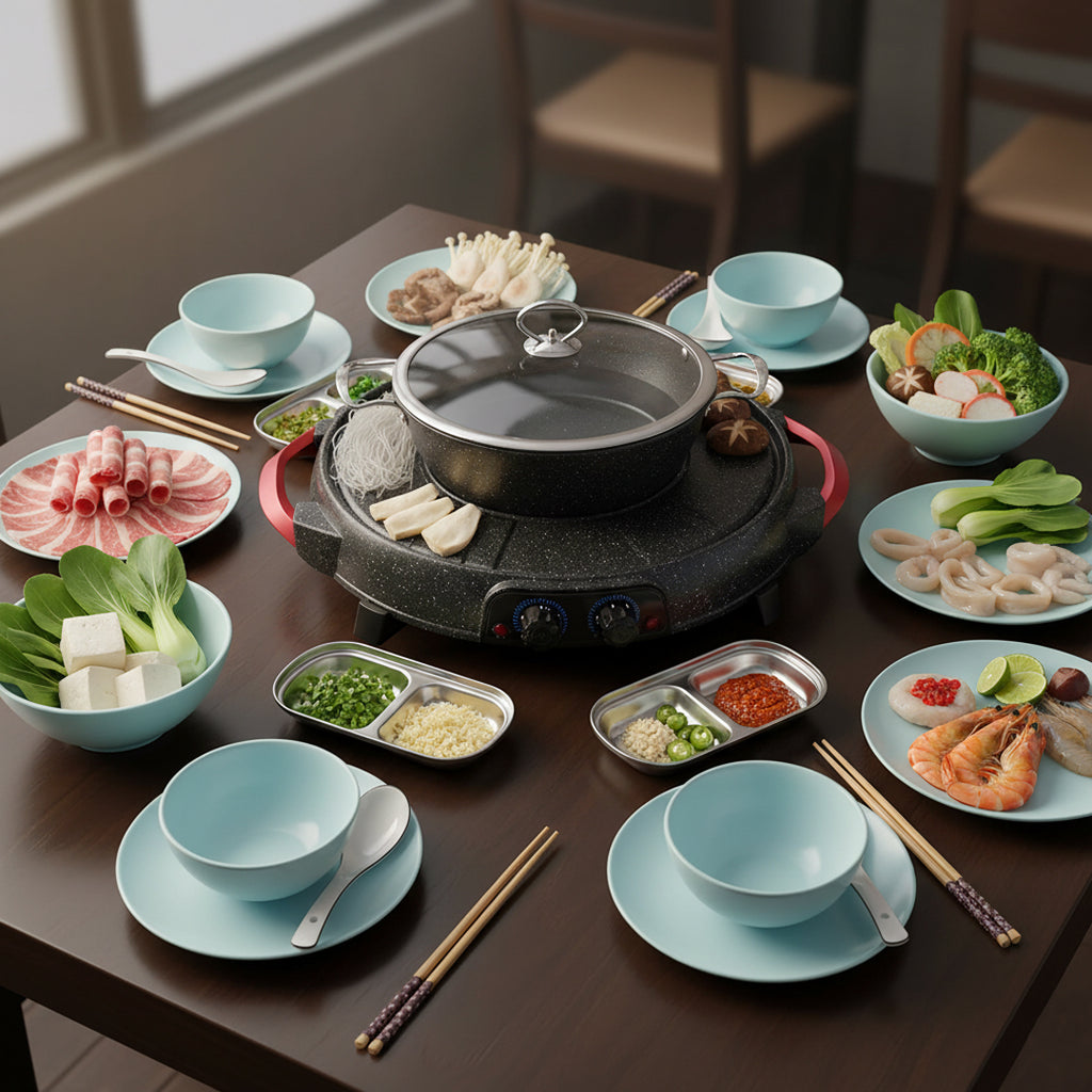 SOGA Kitchenware Bundle – 2-in-1 Electric Teppanyaki Grill, Light Blue Ceramic Dinnerware & Silver Sauce Pan