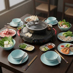 SOGA Kitchenware Bundle – 2-in-1 Electric Teppanyaki Grill, Light Blue Ceramic Dinnerware & Silver Sauce Pan