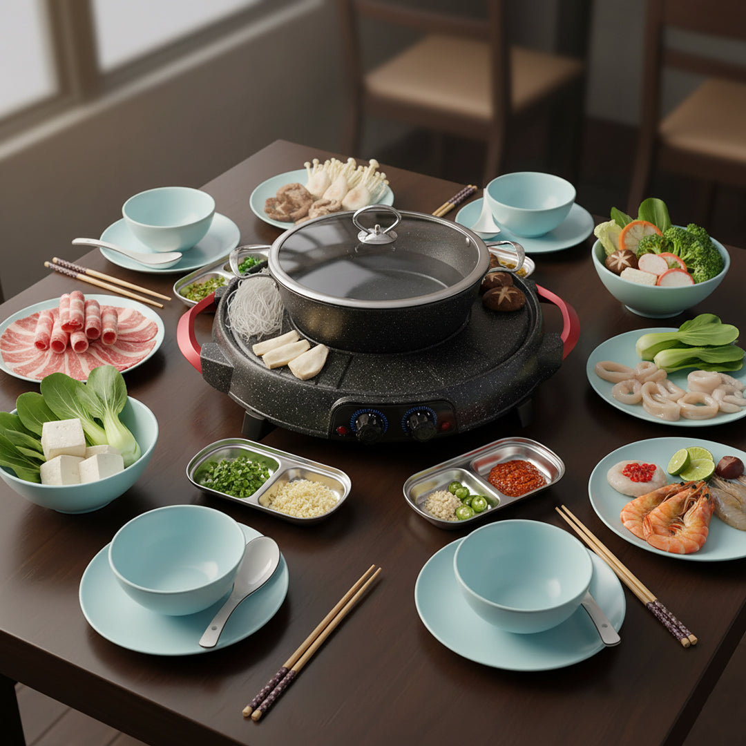 SOGA Kitchenware Bundle – 2-in-1 Electric Teppanyaki Grill, Light Blue Ceramic Dinnerware & Silver Sauce Pan