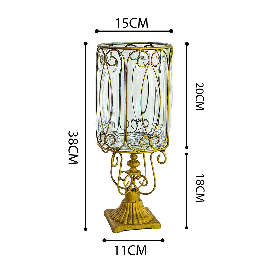 SOGA European Clear Glass Cylinder Flower Vase Solid Base with Gold Metal Pattern