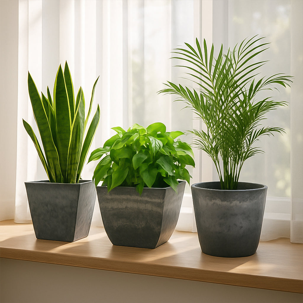 SOGA Home & Living Bundle – Weathered Grey Square & Round Resin Plant Pots for Indoor Decor