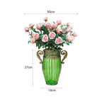SOGA Green Glass Flower Vase with 8 Bunch 5 Heads Artificial Fake Silk Rose Home Decor Set