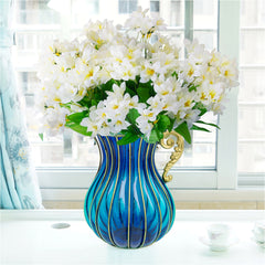 SOGA Blue Colored Glass Flower Vase with 10 Bunch 6 Heads Artificial Fake Silk Lilium nanum Home Decor Set