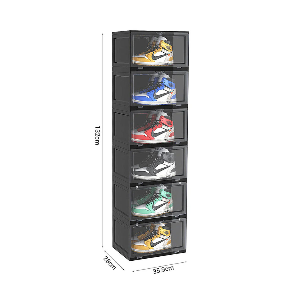 SOGA 6 Tier Black Portable Shoe Organiser Sneaker Footwear Folding Plastic Bin Stackable Storage Box with Magnetic Door