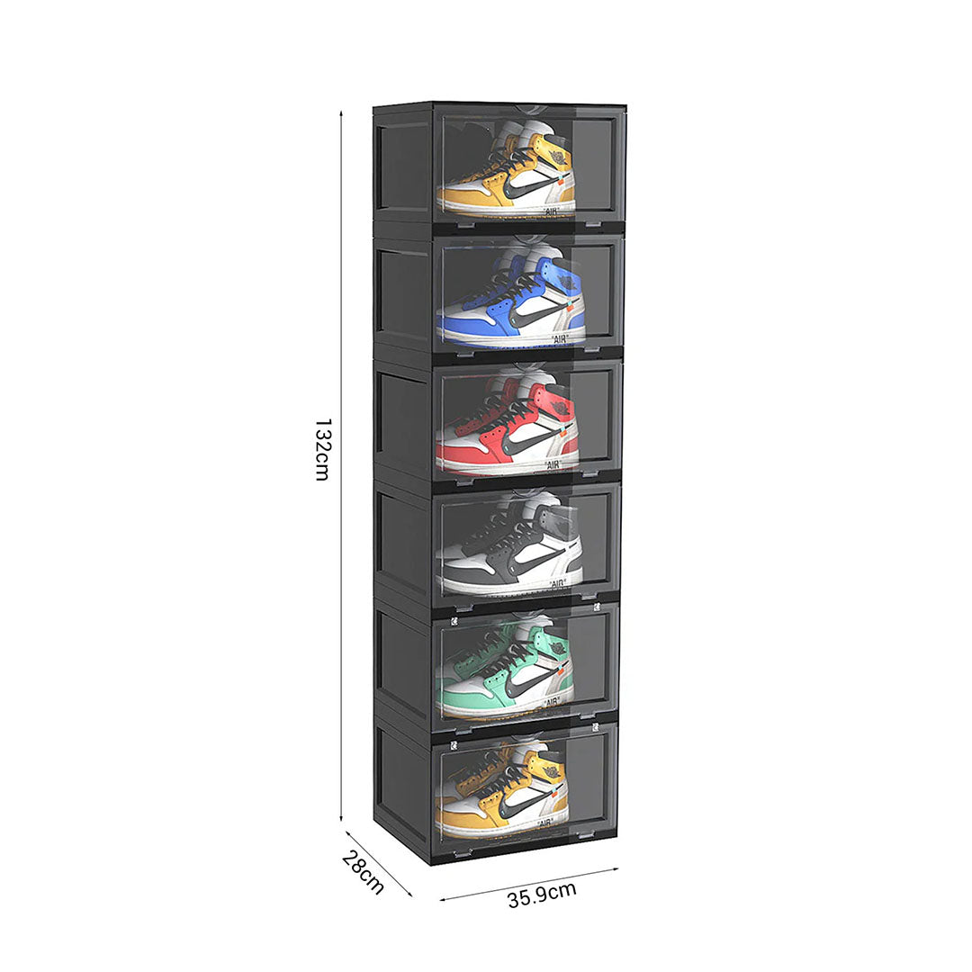 SOGA 6 Tier Black Portable Shoe Organiser Sneaker Footwear Folding Plastic Bin Stackable Storage Box with Magnetic Door