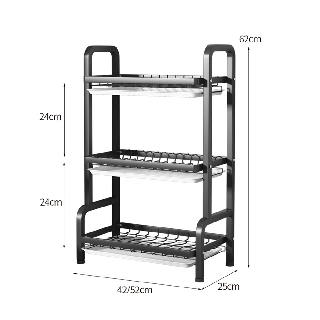 SOGA 2X 3 Tier 62cm Steel Black Kitchen Countertop Drying Rack Dish Plate Cutlery Cutting Board Holder Dish Drainer Kitchen Organiser