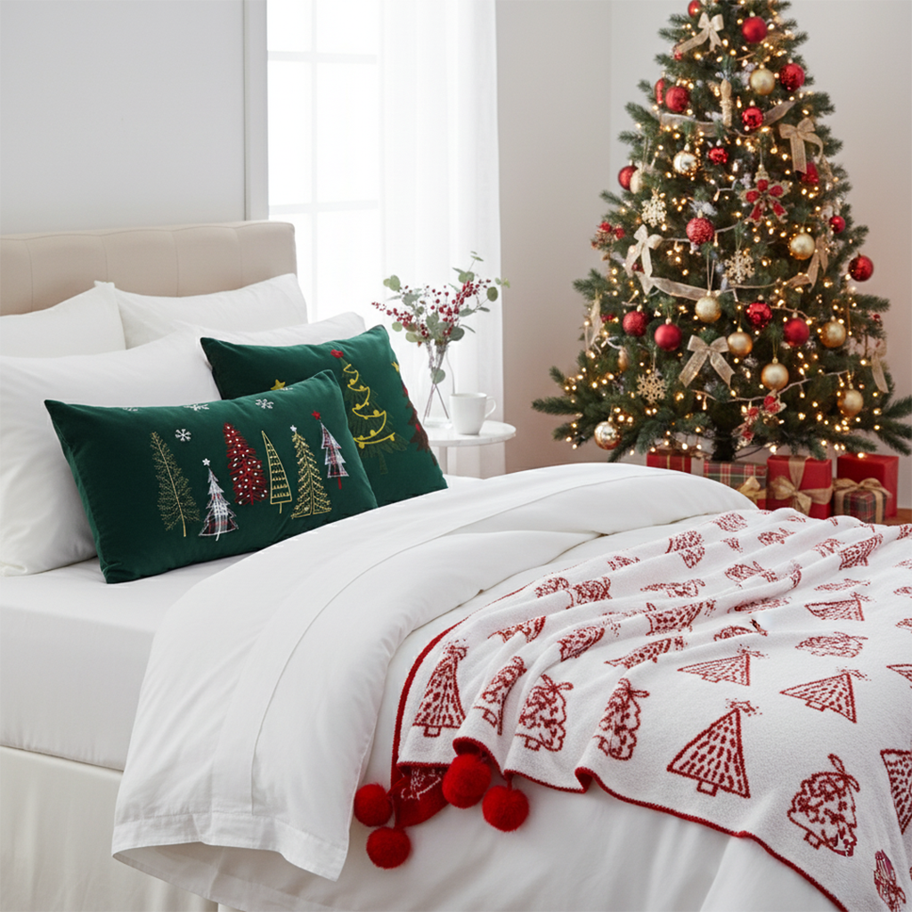 SOGA Christmas Bundle – Red Christmas Tree Fleece Throw & Green Embroidered Holiday Pillows $ 203