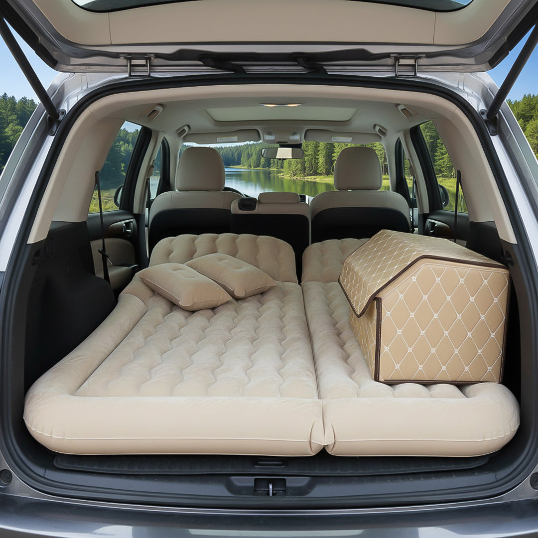 SOGA Car Bundle A – Beige Leather Collapsible Trunk Organizer & Inflatable Boot Mattress