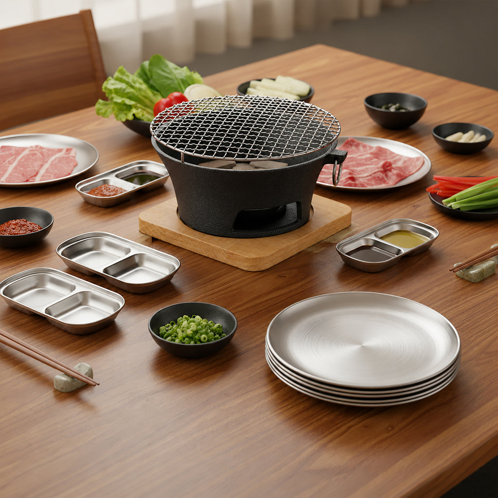 SOGA Kitchenware Bundle D – Silver Grilling Plate, Divided Sauce Pan & Cast Iron BBQ Grill