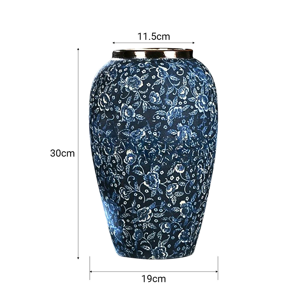 SOGA 30x19cm Blue with White Mini Floral Medium Ceramic Flower Vase Elegant Living Room Home Decor