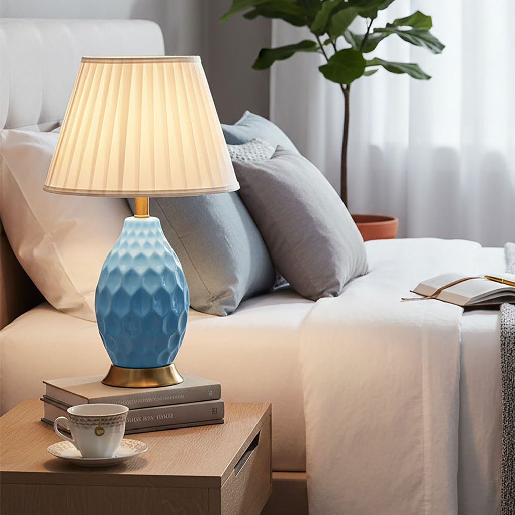 SOGA 2X Textured Ceramic Oval Table Lamp with Gold Metal Base Blue