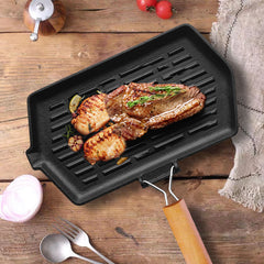 SOGA 2X Rectangular Cast Iron Griddle Grill Frying Pan with Folding Wooden Handle