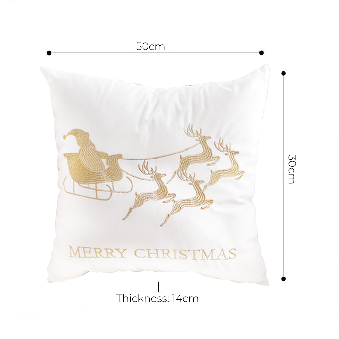 SOGA 2X 45cm Throw Pillow White with Golden Christmas Sleigh Design Festive Holiday Square Cushion Decor