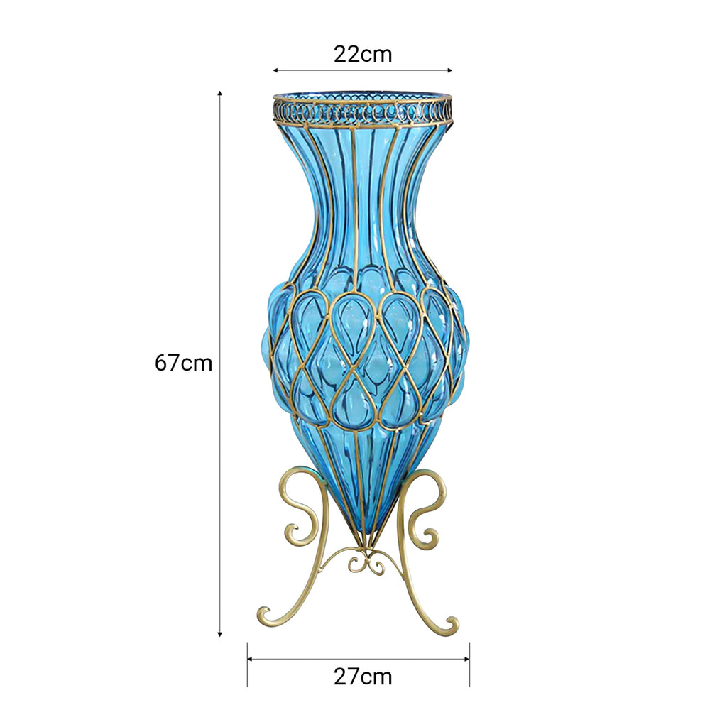 SOGA 67cm Blue Glass Tall Floor Vase and 12pcs Dark Pink Artificial Fake Flower Set