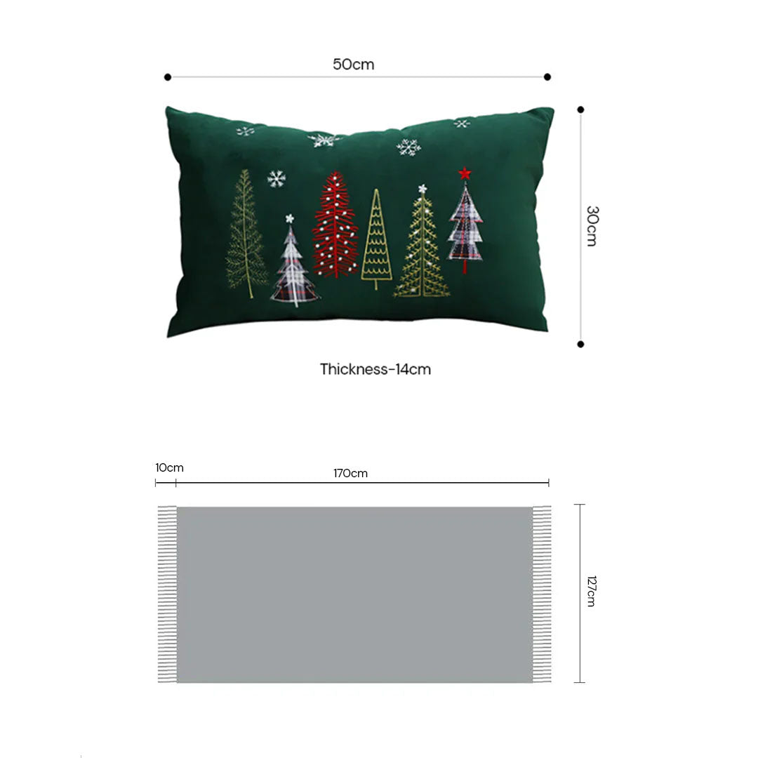 SOGA Christmas Bundle C – 2 Dark Green Christmas Forest Lumbar Pillow & Teal Knitted Throw Blanket