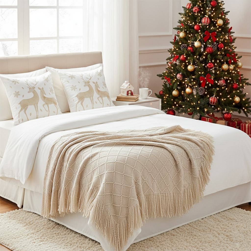 SOGA Christmas Bundle – 2 White Gold Reindeer Throw Pillows & Beige Diamond Throw Blanket $ 157