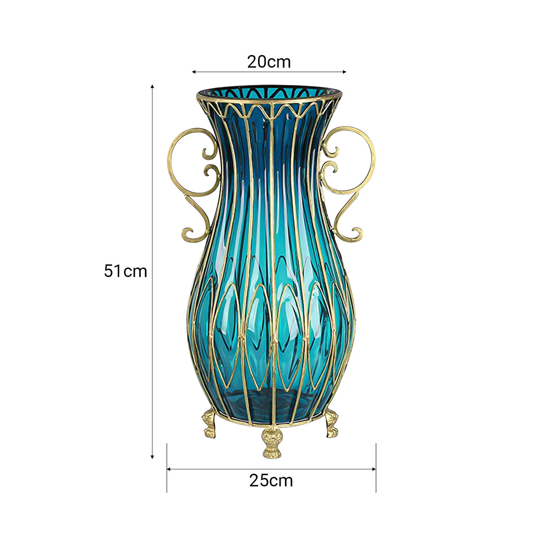 SOGA 51cm Blue Glass Oval Floor Vase with Metal Flower Stand