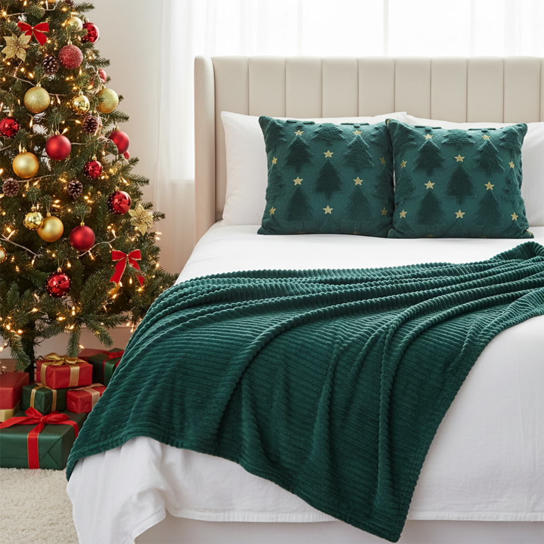 SOGA Christmas Bundle – 2 Teal Christmas Tree Pillow & Dark Green Cozy Striped Throw Blanket $ 178