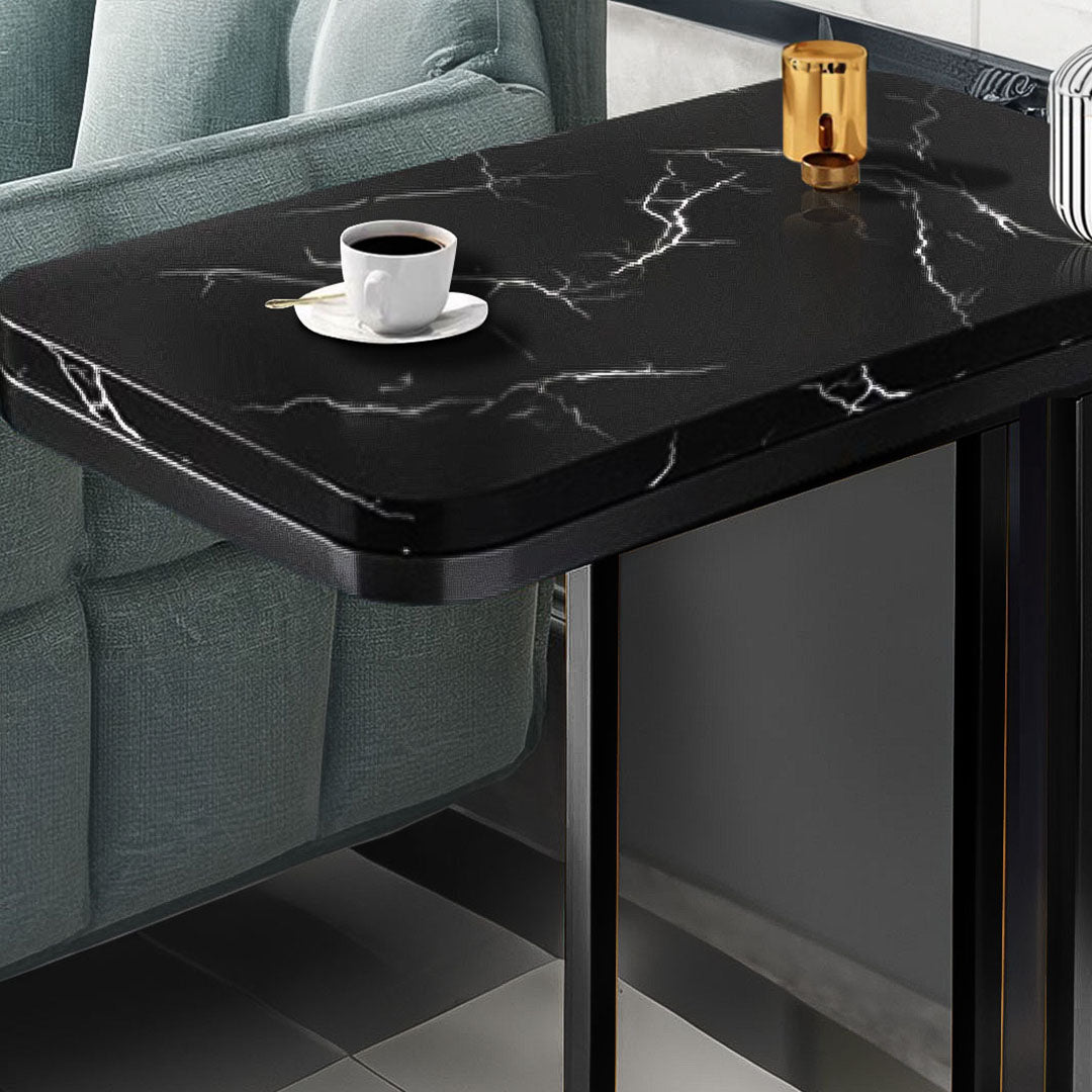 SOGA 30x50cm Black Stone-Patterned Side Table with Black Metal Legs