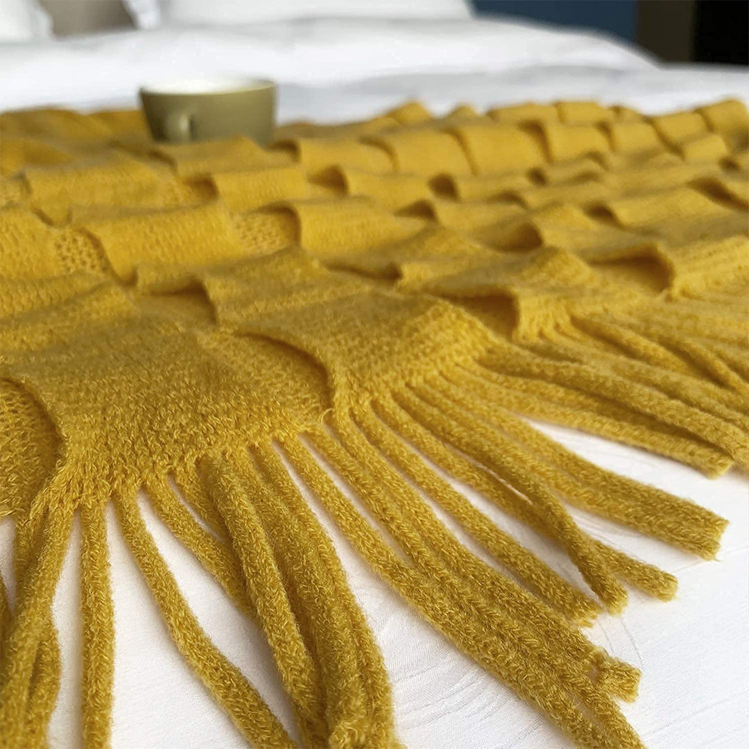 SOGA 2X Mustard Textured Knitted Throw Blanket Warm Cozy Woven Cover Couch Bed Sofa Home Decor with Tassels
