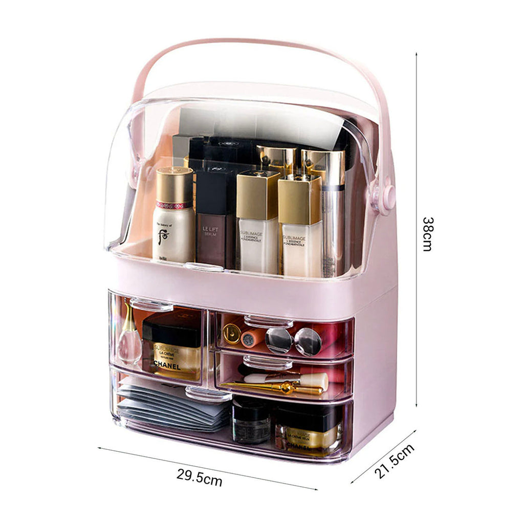 SOGA 3 Tier Pink Countertop Makeup Cosmetic Storage Organizer Skincare Holder Jewelry Storage Box with Handle