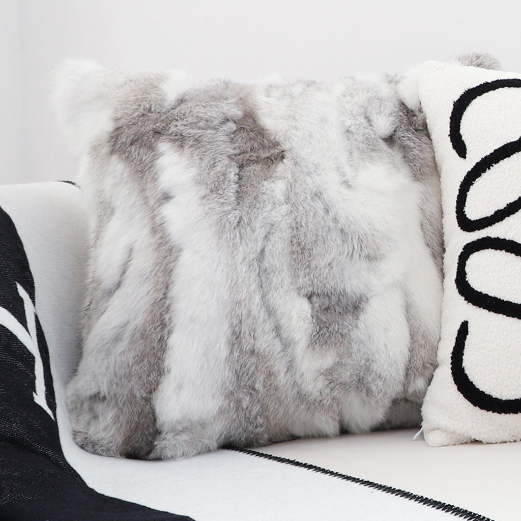 SOGA 2X 45cm Throw Pillow Floral Gray Rabbit Fur Square Warm Cozy Decorative Cushion Home Decor